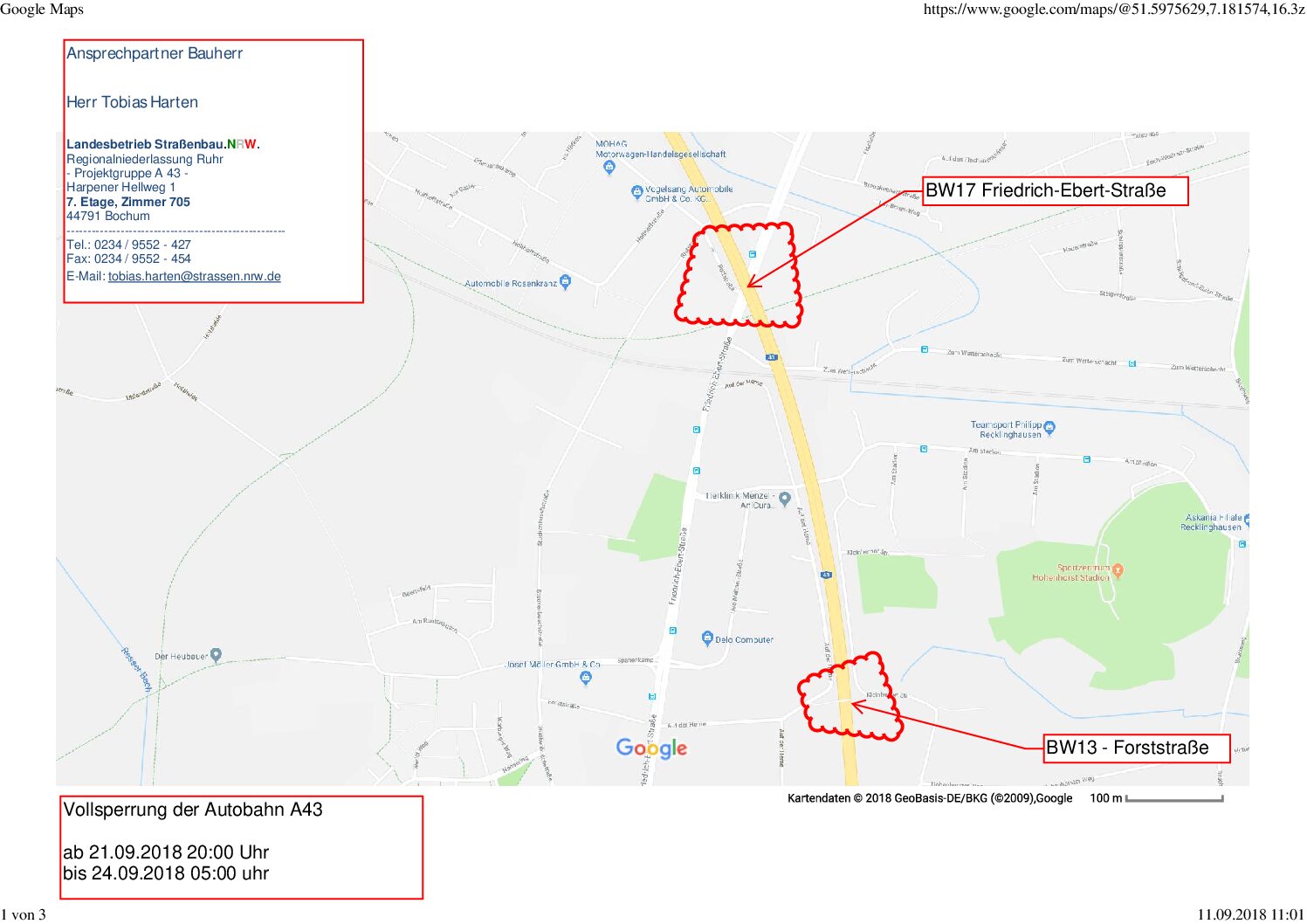 Lageplan der A43 in Recklinghausen mit BW17 Friedrich-Ebert-Straße und BW13 Forststraße