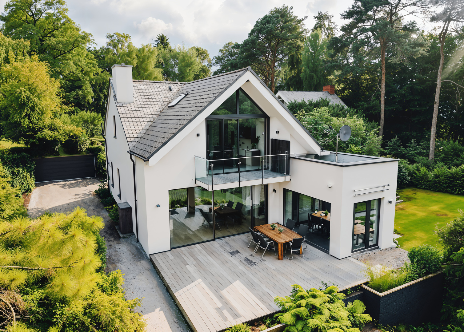 Moderne Wohnimmobilie aus professioneller Drohnenperspektive