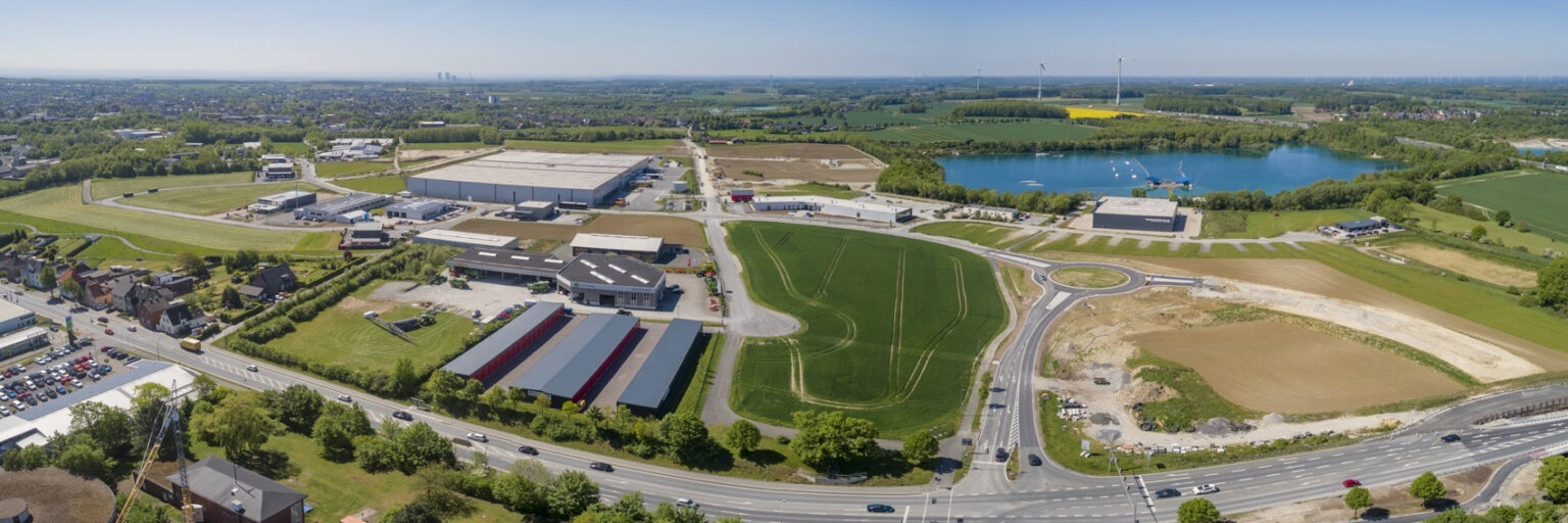 Gewerbegebiet Obere Brede in Beckum, 2020: Erschließung, Kreisverkehr und Gewerbeflächen.